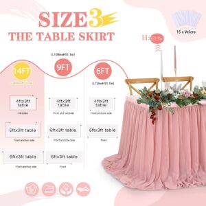 14FT Dusty Rose Chiffon Table Skirt Sheer Rectangle Tablecloth for Wedding 1st Baby Girl Birthday Party Bridal Shower Decoration