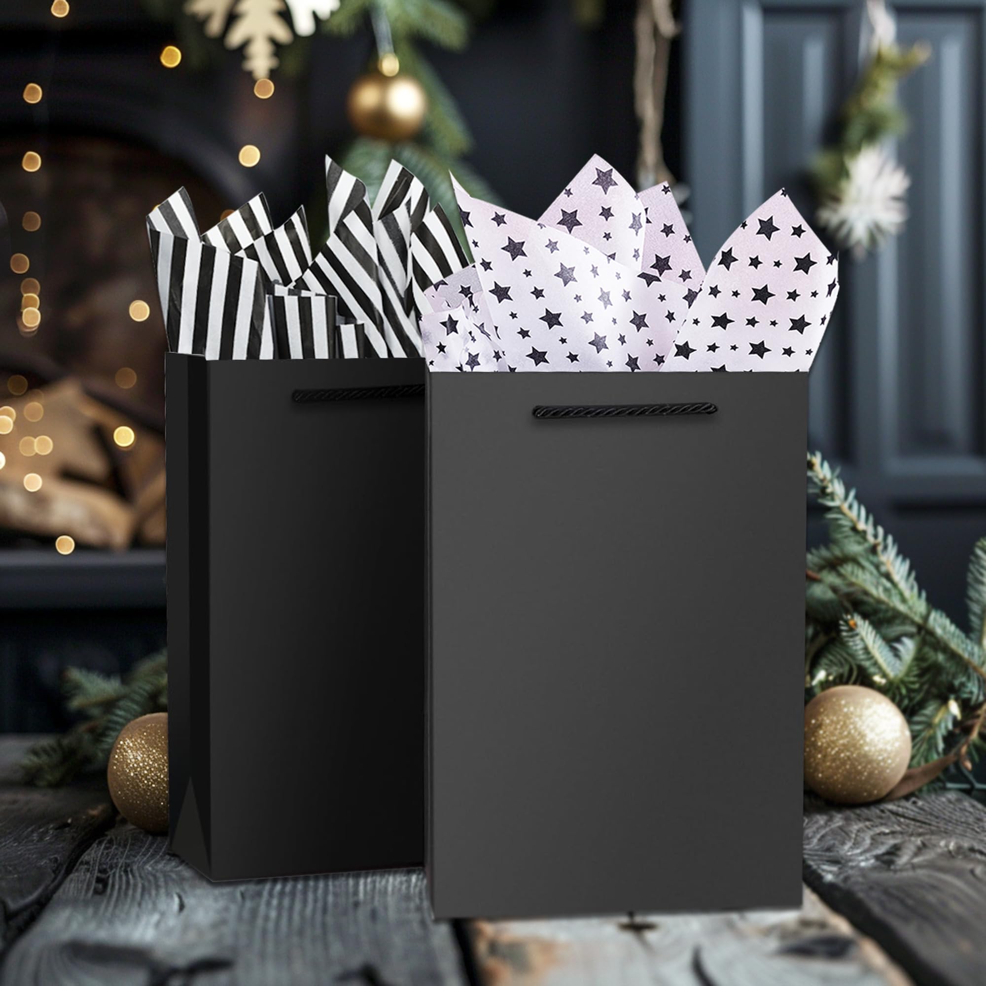 OfficeCastle 4 Pack Black Gift Bags with Tissue Paper, Medium to Large Gift Bags for Men, 8x4x11in/20x10x28 cm, Black Paper Bags with Handles