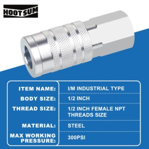 HOOTSUM 1/2’’ Air Hose Fittings Set, High Flow 1PC I/M Industrial Type Coupler with 1/2’’ FNPT, 2PCS Coupler with 1/2’’ NPT, 3PCS Steel Air Compressor Accessories Quick Connect Fittings 300PSI