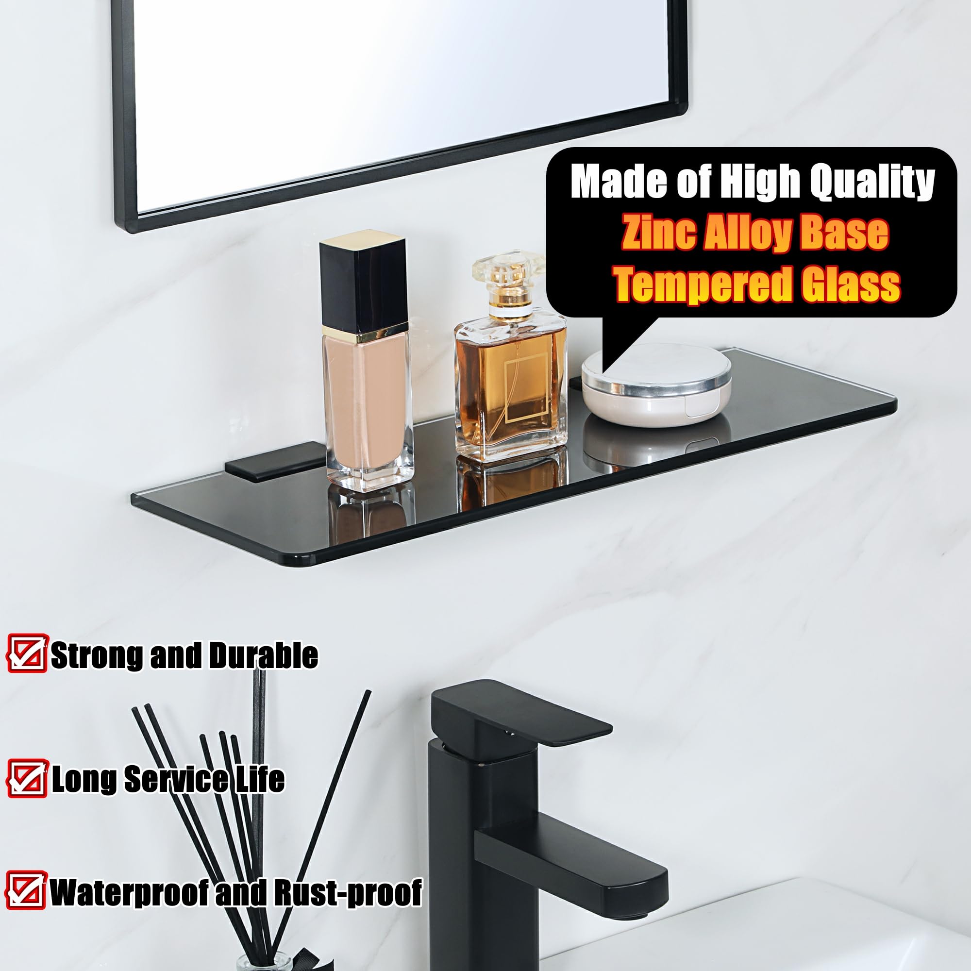 Alise Bathroom Shelves Glass Shelf,Wall Mount Floating Shelves for Bathroom,Rectangular Tempered Glass Shelves for Wall Storage Organizer,Black Finish AGBL2010R-B