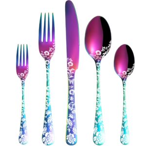 vilihkc 20 piece peony flower pattern design silverware set, stainless steel flatware set service for 4,colorful cutlery set, mirror polished utensil set for kitchen, dishwasher safe