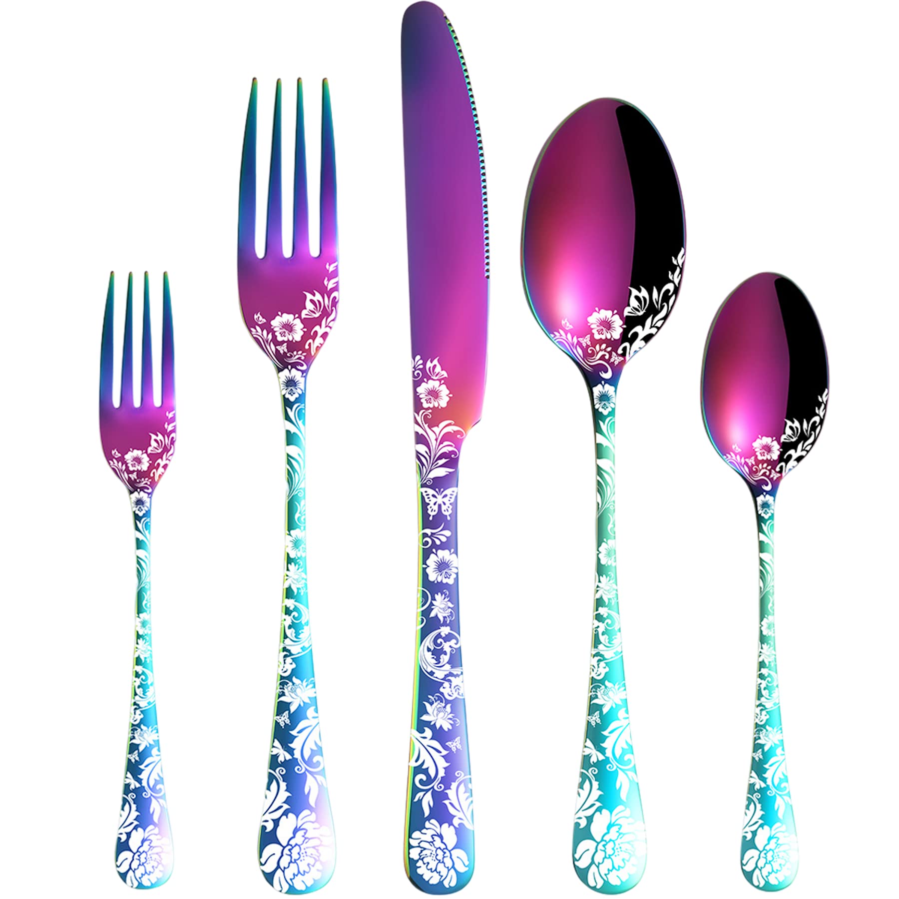 Vilihkc 20 piece Peony Flower Pattern Design Silverware Set, Stainless Steel Flatware Set Service for 4,Colorful Cutlery Set, Mirror Polished Utensil Set for Kitchen, Dishwasher Safe