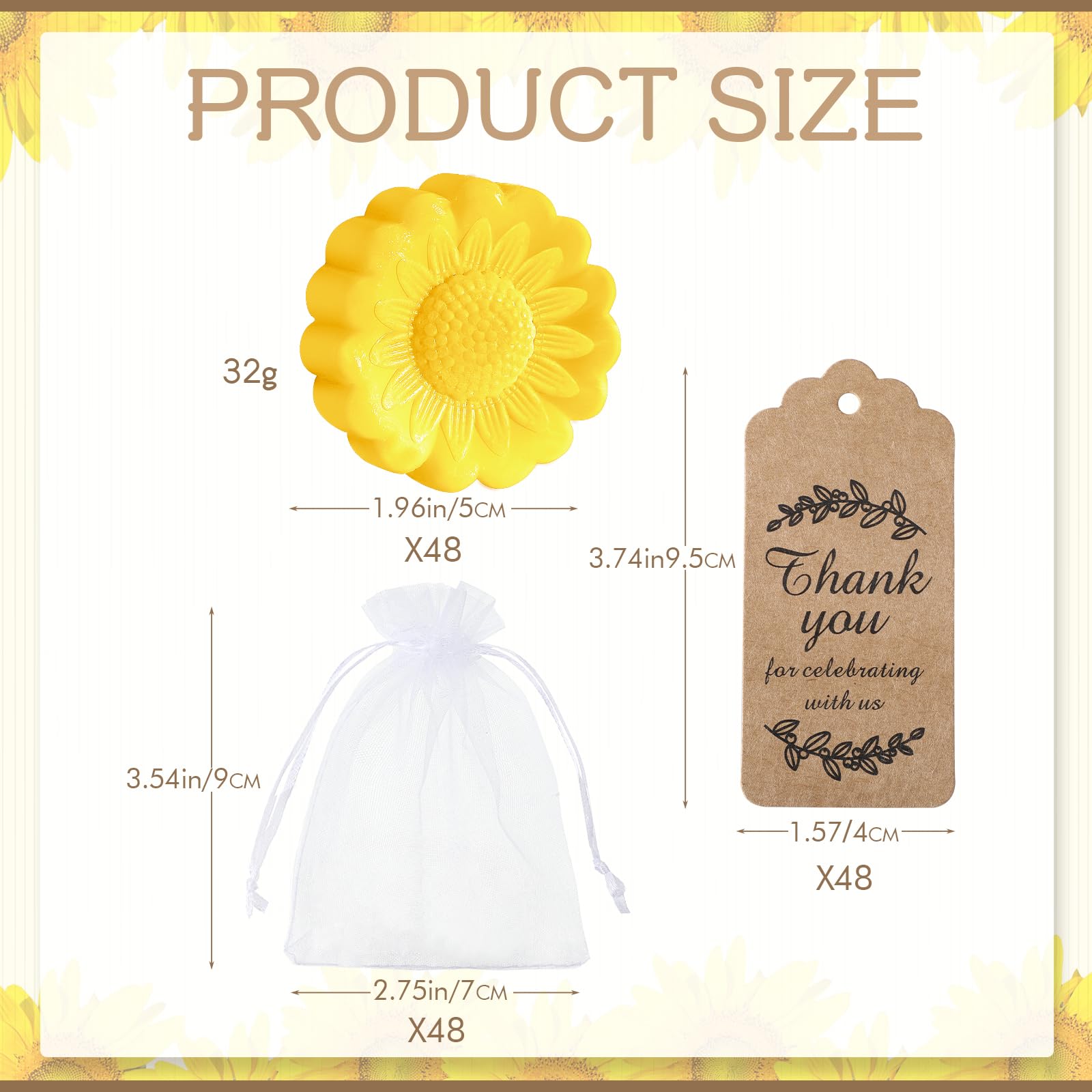 Buryeah 48 Set Sunflower Style Mini Soap for Wedding Party Favors Bridal Shower Baby Shower Guests Keepsake Mothers Day Gifts Cute Handmade Soap with Thank You Card and Organza Bags (Yellow)