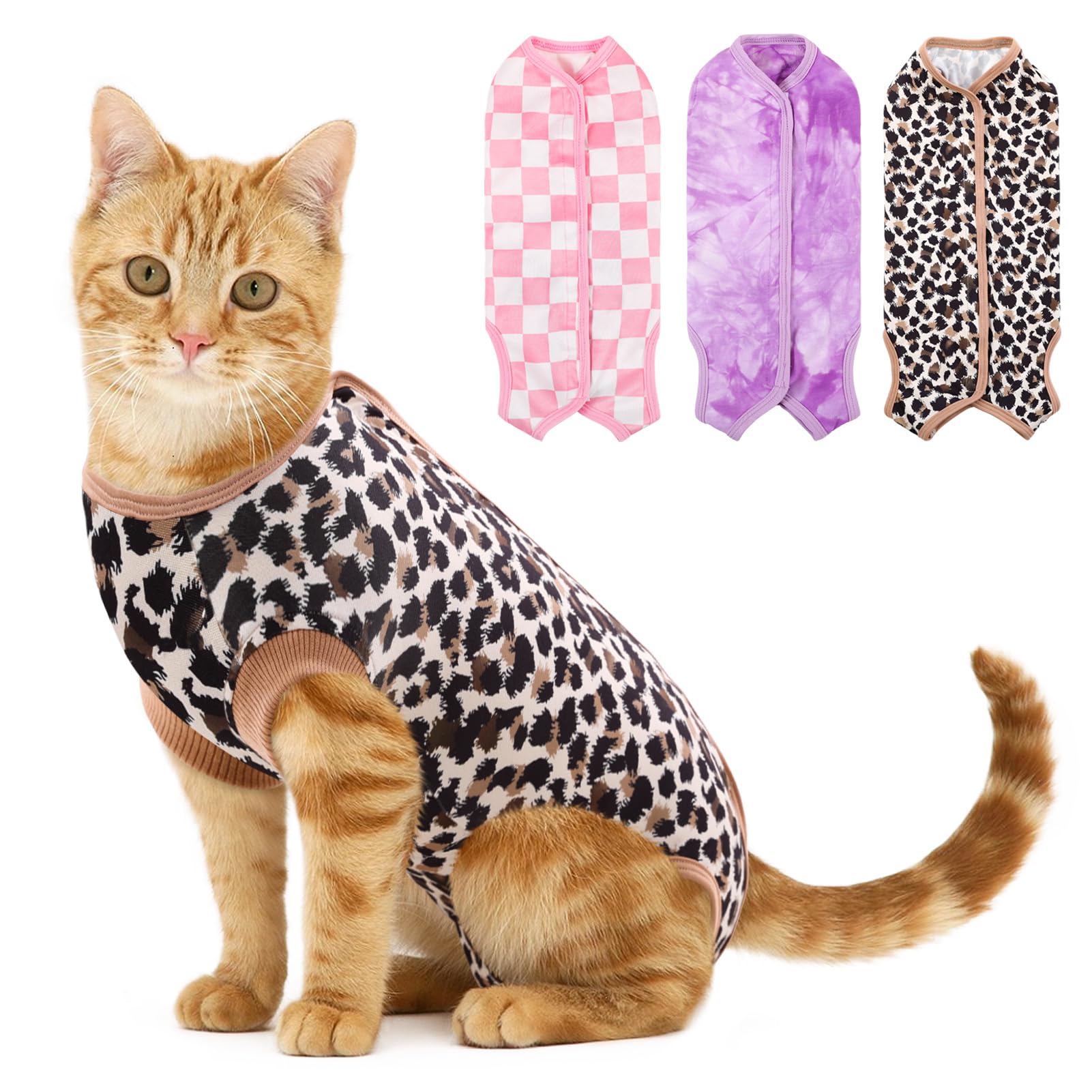 SAWMONG Cat Recovery Suit After Surgery Recovery Shirt Breathable E-Collar Alternative Non-Lick Pet Body Suit,Brow Leopard L