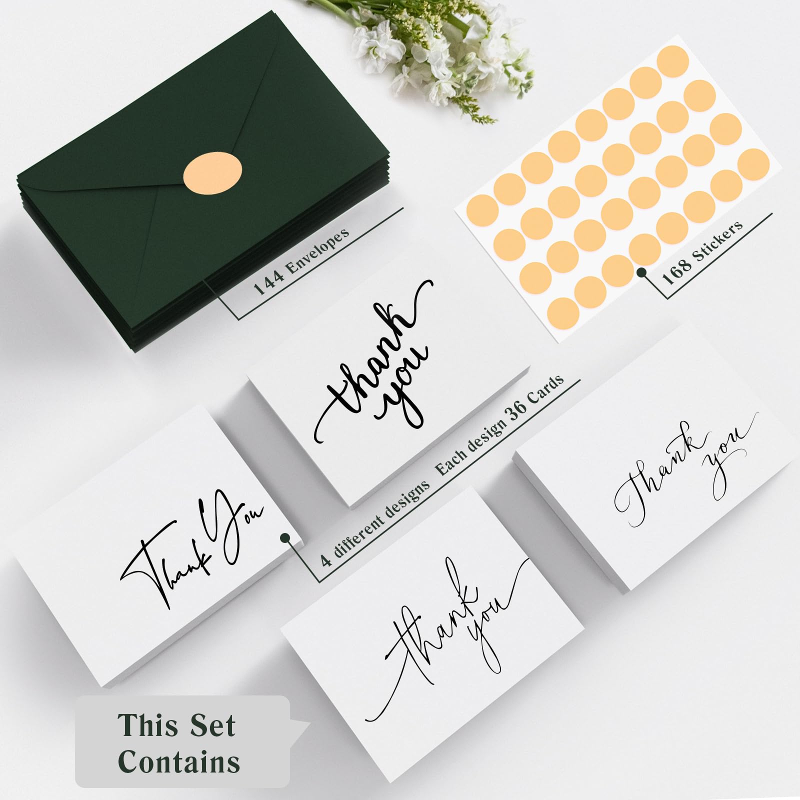 Goefun 144 Thank You Cards with Envelopes Bulk Pack 4×6 Green Blank Thank You Notes, Elegant Designs for Wedding, Baby Shower, Bridal Shower, Small Business, Graduation and Funeral