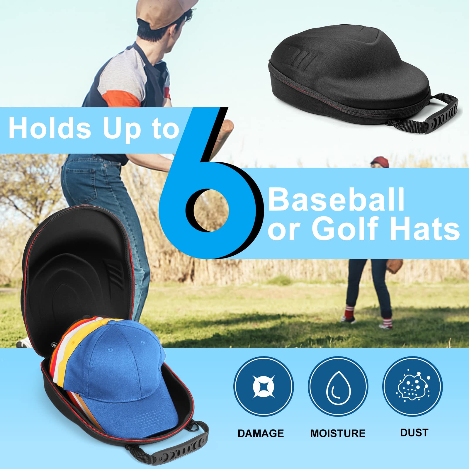 Bjabtan Hard Hat Case for Baseball Caps, Baseball Hat Organizer with Carrying Handle & Shoulder Strap, Hat Carrier Case for Travel, Baseball Hat Organizer Holder for 6 Baseball Caps, Father Day Gifts