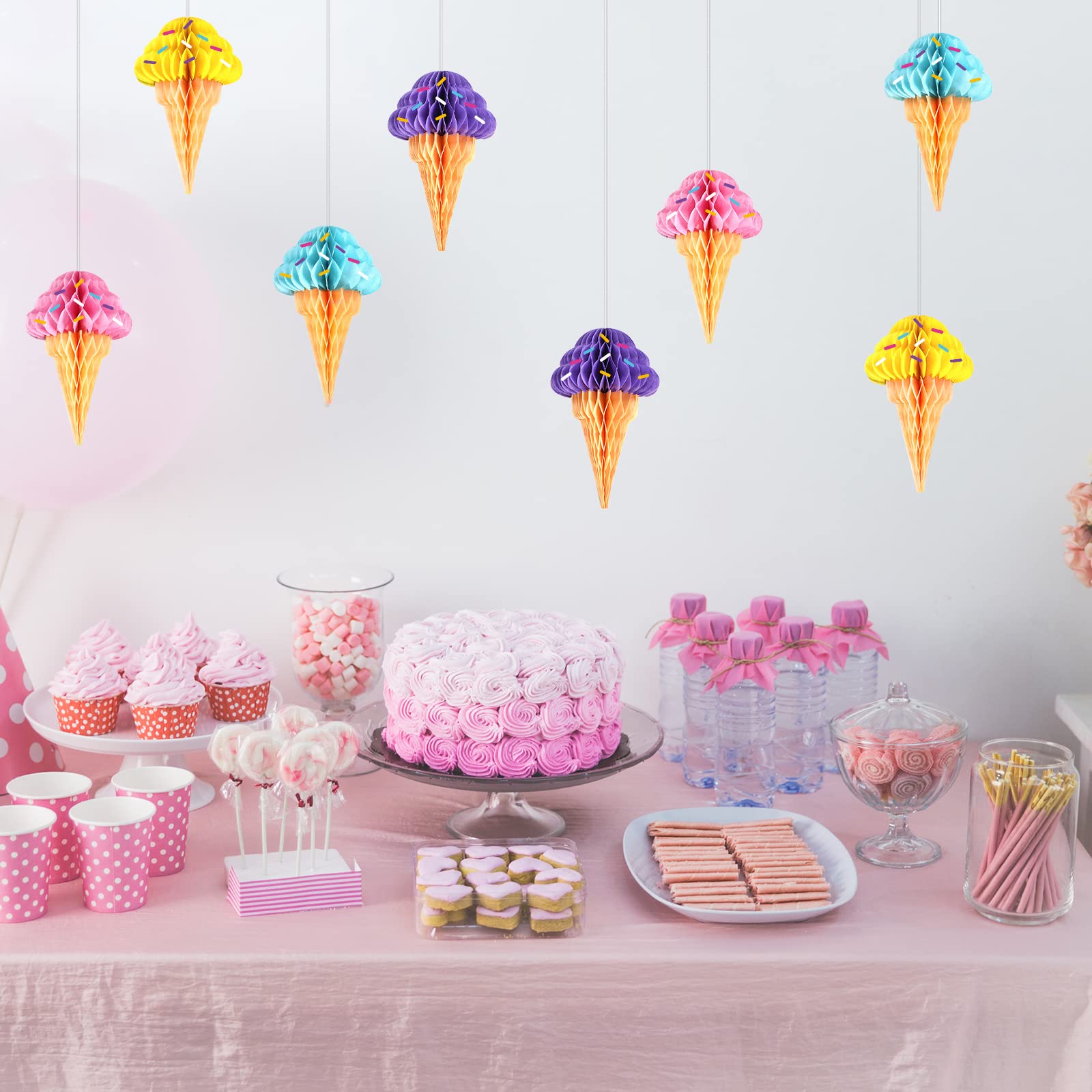 8PCS Ice Cream Honeycomb Balls Decorations Centerpieces for Tables Ice Cream Hanging Ceiling Sign Tissue Paper Ice Cream Party Supplies for Summer Theme Birthday Baby Shower Bridal Shower Party Favor