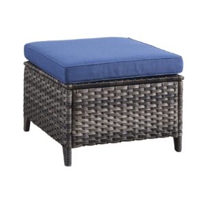 Outdoor Rattan Ottomans Wicker with Blue Cushion (Set of 2) Black Modern Contemporary Square Steel Ottoman Included