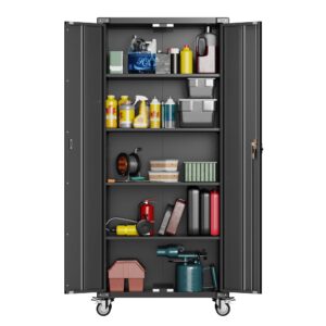 aobabo metal garage storage cabinet on wheels, double handle lock steel storage cabinet with 2 doors, 4 shelves adjustable black, assembly required