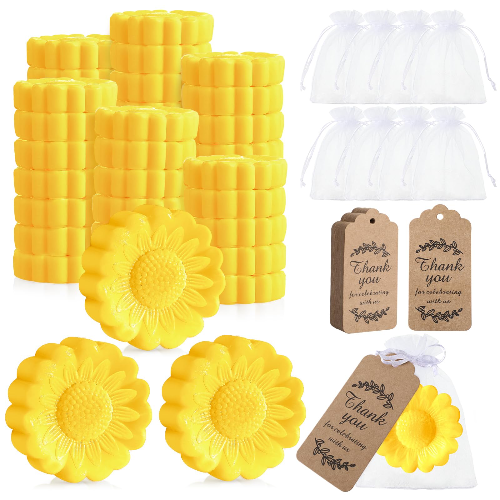 Buryeah 48 Set Sunflower Style Mini Soap for Wedding Party Favors Bridal Shower Baby Shower Guests Keepsake Mothers Day Gifts Cute Handmade Soap with Thank You Card and Organza Bags (Yellow)