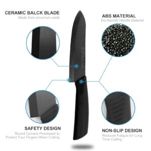 Ceramic Knife Set with Holder, Five Pieces 6"Chef Knife, 5"Utility Knife, 4"Fruit Knife, 3"Paring Knife, 1''Fruit Peeler, Rust Proof & Stain Resistant, Ceramic Kitchen Chef Knife Sharp Set (Black)