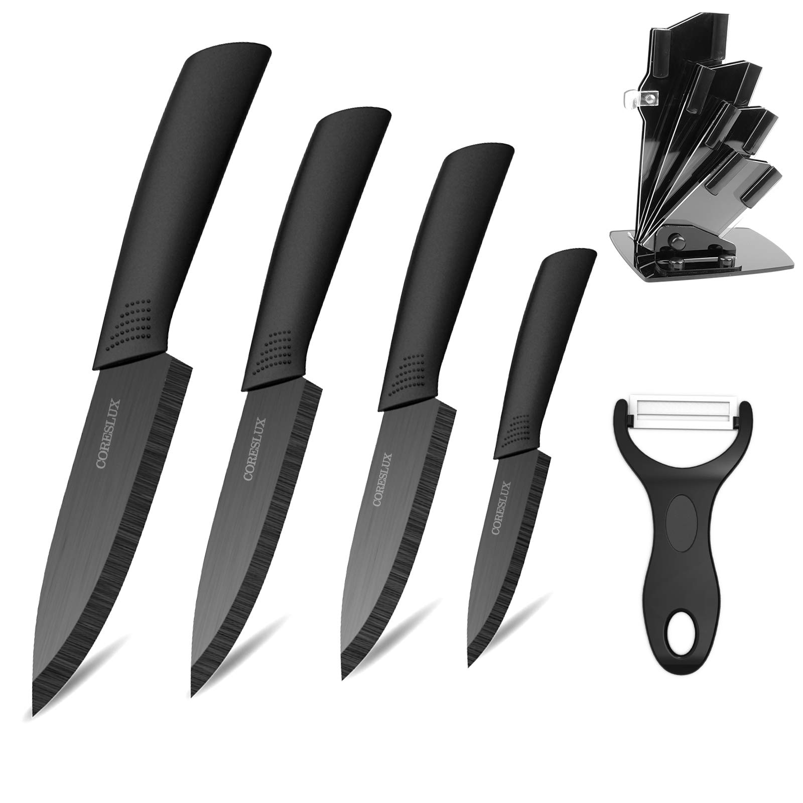 Ceramic Knife Set with Holder, Five Pieces 6"Chef Knife, 5"Utility Knife, 4"Fruit Knife, 3"Paring Knife, 1''Fruit Peeler, Rust Proof & Stain Resistant, Ceramic Kitchen Chef Knife Sharp Set (Black)