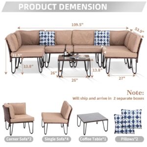 UDPATIO 7 Pieces Outdoor Patio Furniture Set, PE Rattan Wicker Sofa Set, Outdoor Sectional Couch Patio Conversation Set with Washable Olefin Cushions and Coffee Table, Brown