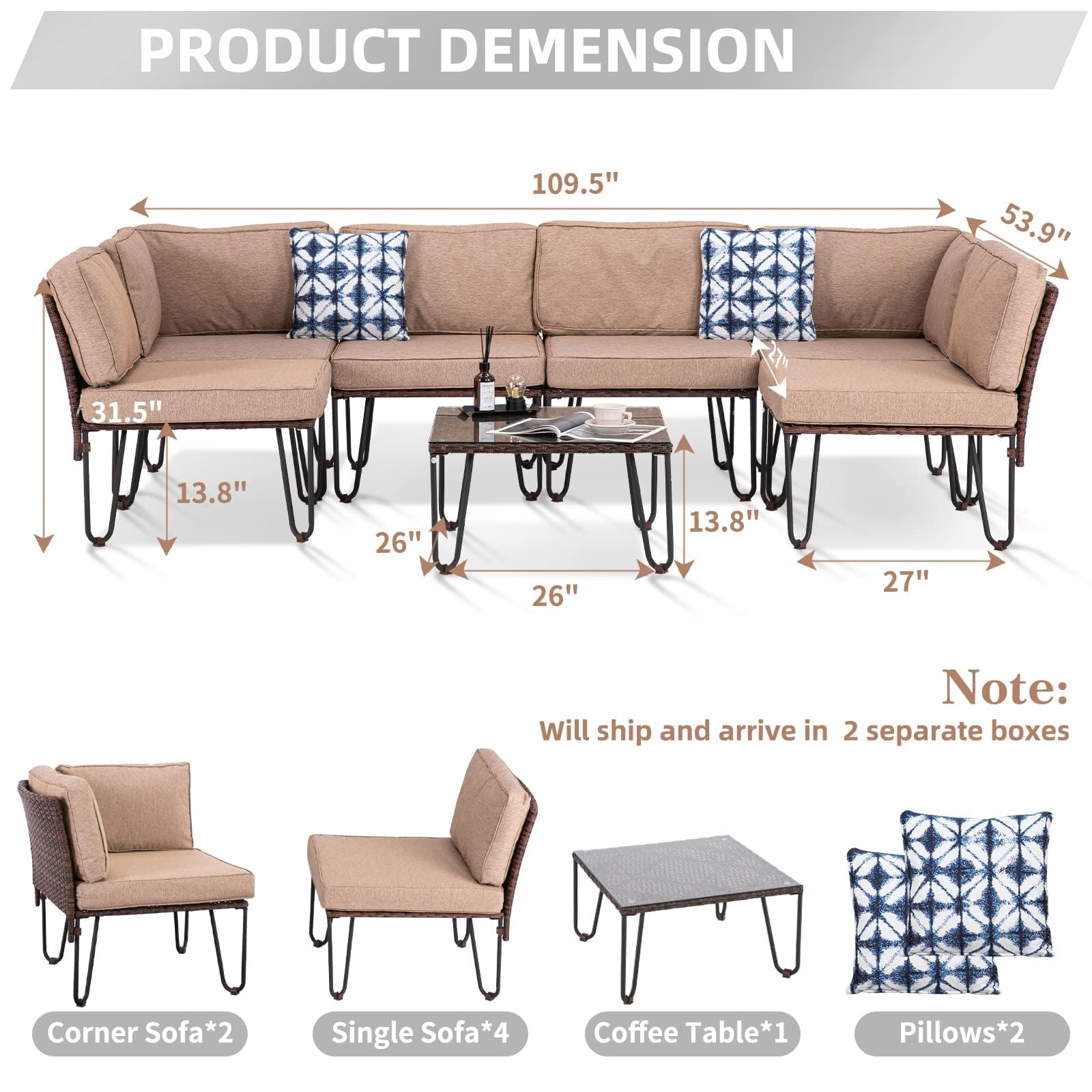 UDPATIO 7 Pieces Outdoor Patio Furniture Set, PE Rattan Wicker Sofa Set, Outdoor Sectional Couch Patio Conversation Set with Washable Olefin Cushions and Coffee Table, Brown