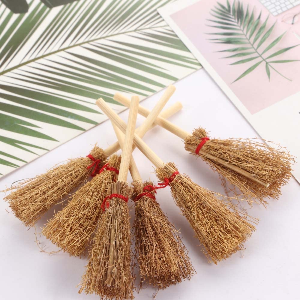 Leadigol 10 Pcs Mini Witches Prop Broom,Red Rope Broom,Funny Wooden Doll House Brooms,Straw Brooms Miniature Decorative Accessory Hangings Decorations