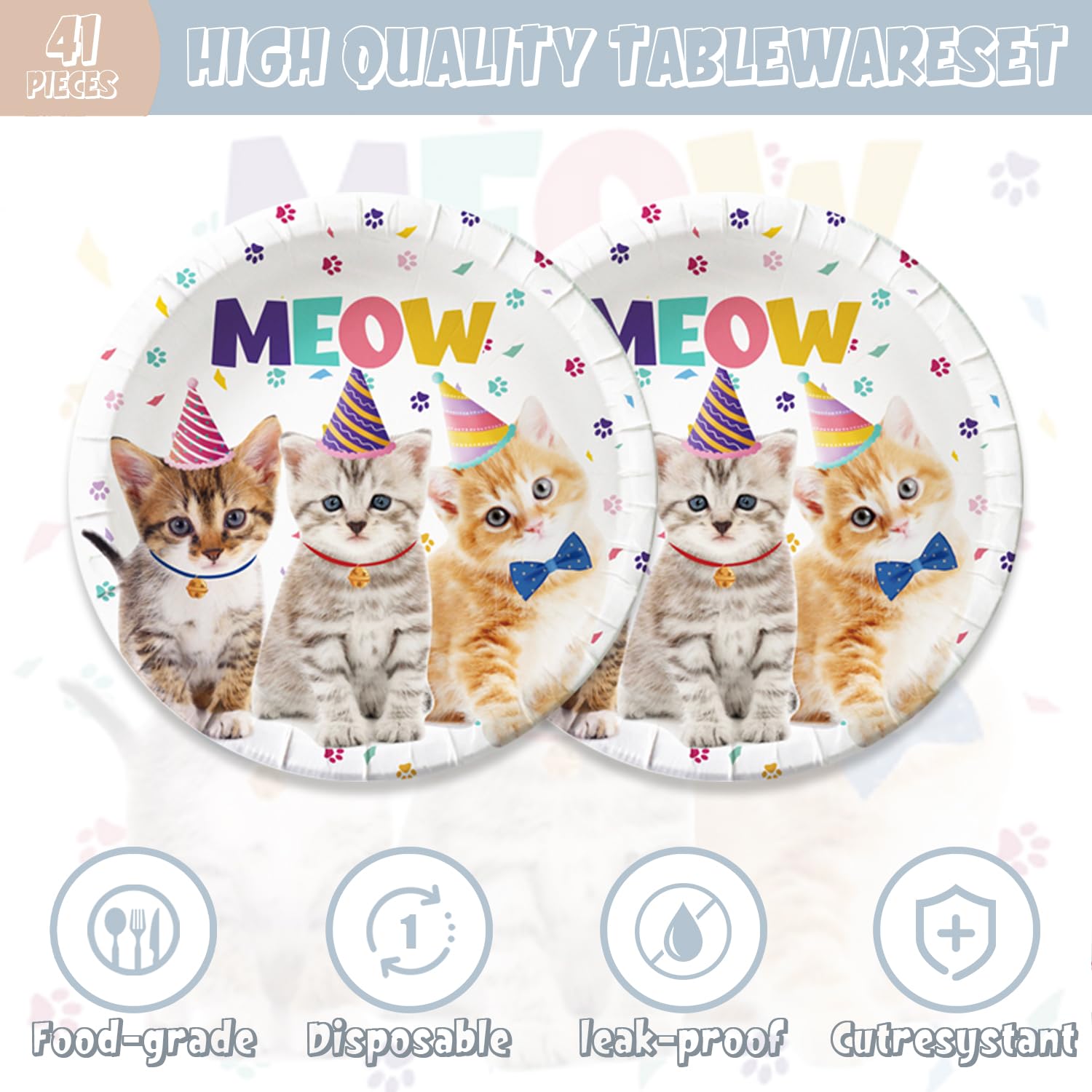 41pcs Cat Party Supplies ,include 20 Plates, 20 Napkin and 1pcs Tablecloth,Used for Birthday Party Decoration (Cat EEE)