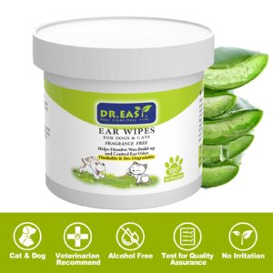 Dr.Easy Pet Ear Grooming Wipes 120ct for Dogs &Cats Fragrance Free,Helps Dissolve Wax Build-Up and Control Ear Odor,flushable & Compostable,Stop Ear Itching Natural Cleansing (120ct)