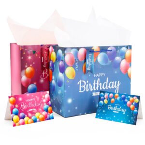 neatnsharp 13" large birthday gift bags 2 pack with matching tissue paper, card, name tag beautiful happy birthday gift bags with handles, happy birthday present gift bags for boys/girls and all