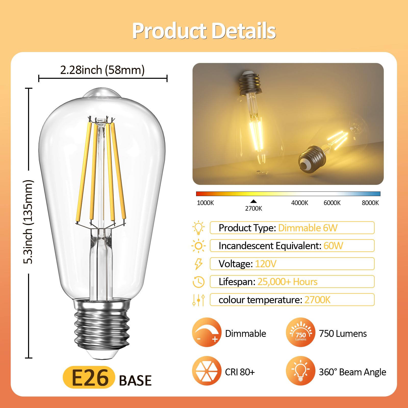 CRIRY Dimmable Edison LED Light Bulbs 60 Watt Equivalent, 6W 2700K Warm Light E26 LED Bulbs for Table Lamp Bathroom Vanity Outdoor Wall Light ST58, 750LM, E26 Base, 4Packs