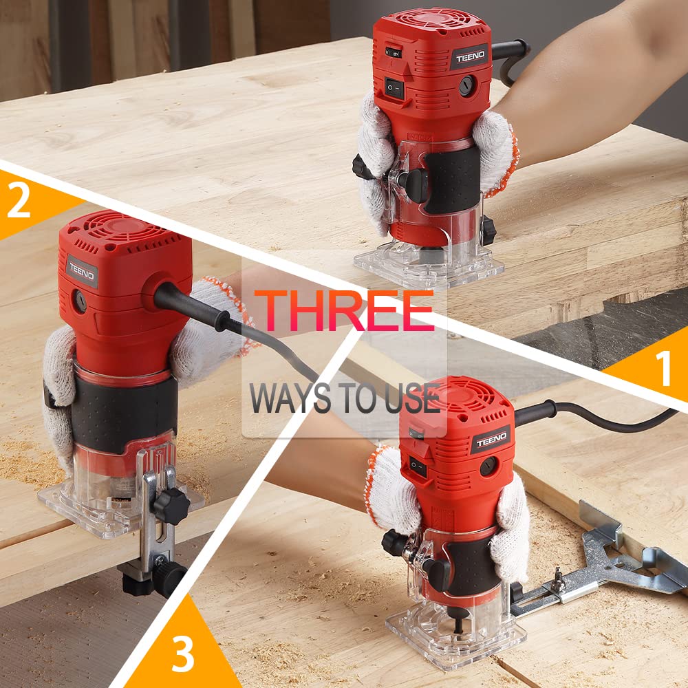 TEENO Wood Router, 650W 110V Compact Router Tools for Woodworking, 32000 RPM Hand Trim Router with 12 Pcs 1/4" Router Bits Set, 6 Variable Speeds, Edge Guide, Roller Guide and Portable Tool Box