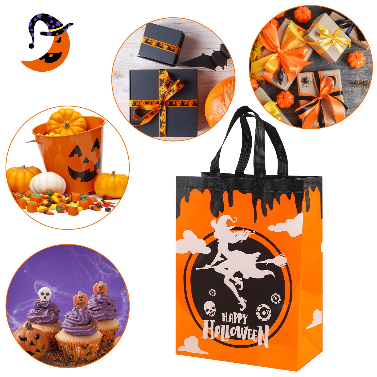 CCINEE 12PCS Halloween Non-Woven Bags with Handle，Large Size Reusable Halloween Trick or Treat Tote Bags Candy Bag Grocery Shopping Bags for Halloween Party Favors Supplies，15.7"×11.8"×5.9"