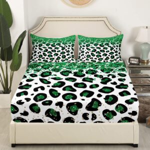 Feelyou Leopard Bed Sheet Set Cheetah Bedding Set Glitter Pattern Fitted Sheet Green Pastel Flat Sheet for Kids Boys Girls Adults (No Glitter) 4Pcs with 2 Pillow Case Full Size