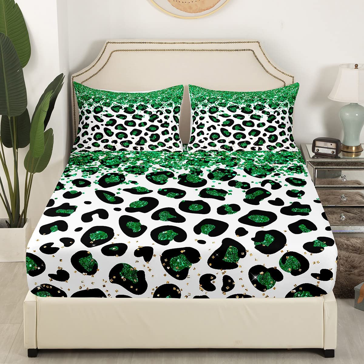 Feelyou Leopard Bed Sheet Set Cheetah Bedding Set Glitter Pattern Fitted Sheet Green Pastel Flat Sheet for Kids Boys Girls Adults (No Glitter) 4Pcs with 2 Pillow Case Full Size