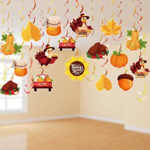 derayee 30pcs thanksgiving party hanging decorations, thansgiving hanging swirls maple leaves turkey pumpkin foil ceiling swirls for home office classroom autumn harvest decor