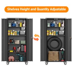 Aobabo Metal Garage Storage Cabinet on Wheels, Double Handle Lock Steel Storage Cabinet with 2 Doors, 4 Shelves Adjustable Black, Assembly Required