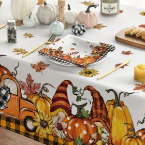 Horaldaily Fall Tablecloth 60x84 Inch Rectangular, Thanksgiving Autumn Harvest Orange Truck Gnome Pumpkin Buffalo Plaid Table Cover for Party Picnic Dinner Decor