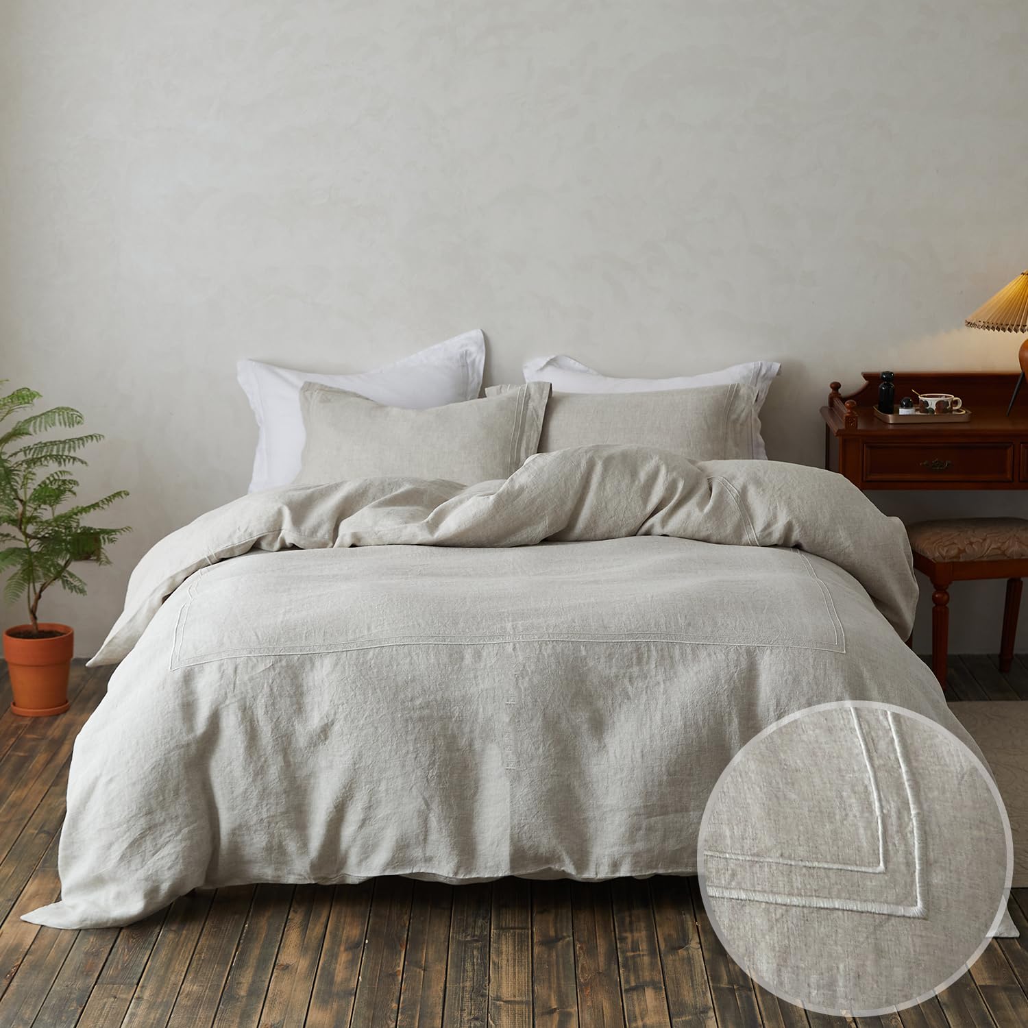 Simple&Opulence 100% Washed Linen Duvet Cover Set 104"x92" - 3 Pieces Soft Farmhouse Comforter Set Double Embroidered with Button Closure - 1 Duvet Cover and 2 Pillowshams (Linen, King)