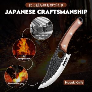 Huusk Knives Viking Knife with Sheath - Hand Forged Butcher Knife for Meat Cutting - High Carbon Steel Meat Cleaver Kitchen Knife - Multipurpose Japanese Chef Knives for Camping, Outdoor, BBQ