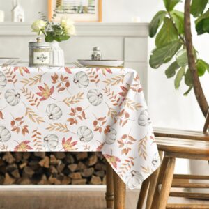 Horaldaily Fall Tablecloth 60x84 Inch, Thanksgiving Autumn Harvest White Pumpkin Orange Leaf Table Cover for Party Picnic Dinner Decor