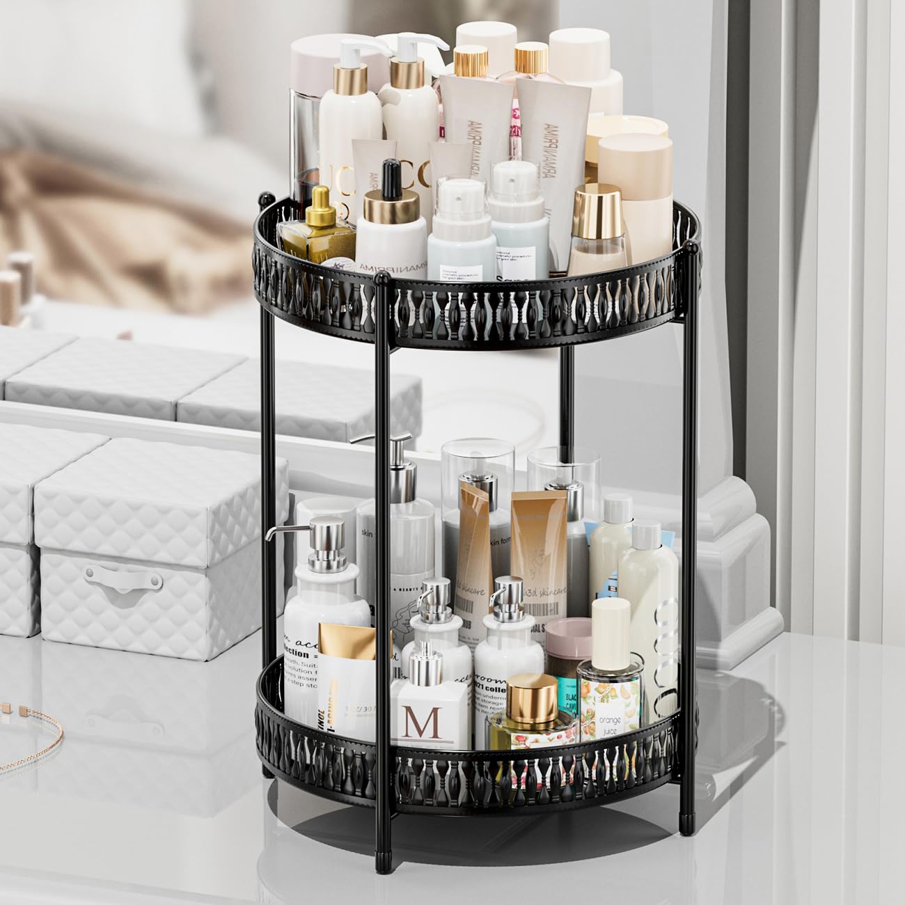 EKNITEY Bathroom Tray Organizer Counter - 2 Tier Countertop Organizers for Makeup Vanity Skincare Perfume Cosmetics (Black)