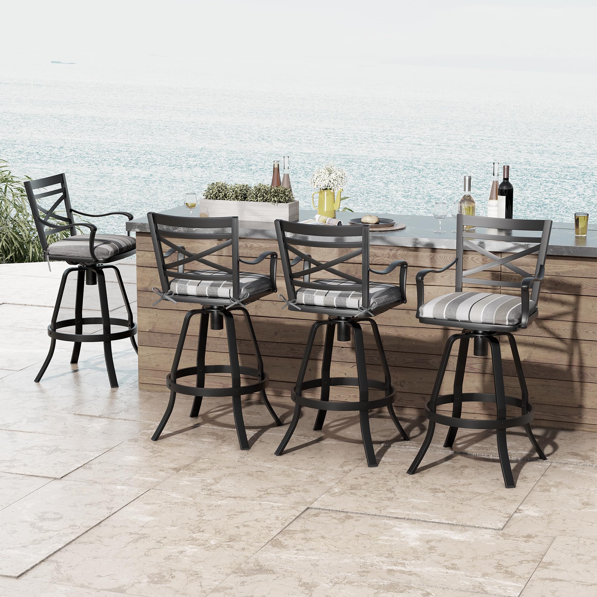 Crestlive Products Outdoor Swivel Bar Stools Set of 4, Patio Cast Aluminum Bar Stools with Sunbrella Cushion, Bar Height Chairs for Lawn, Garden, Backyard, Pool, Milano Char