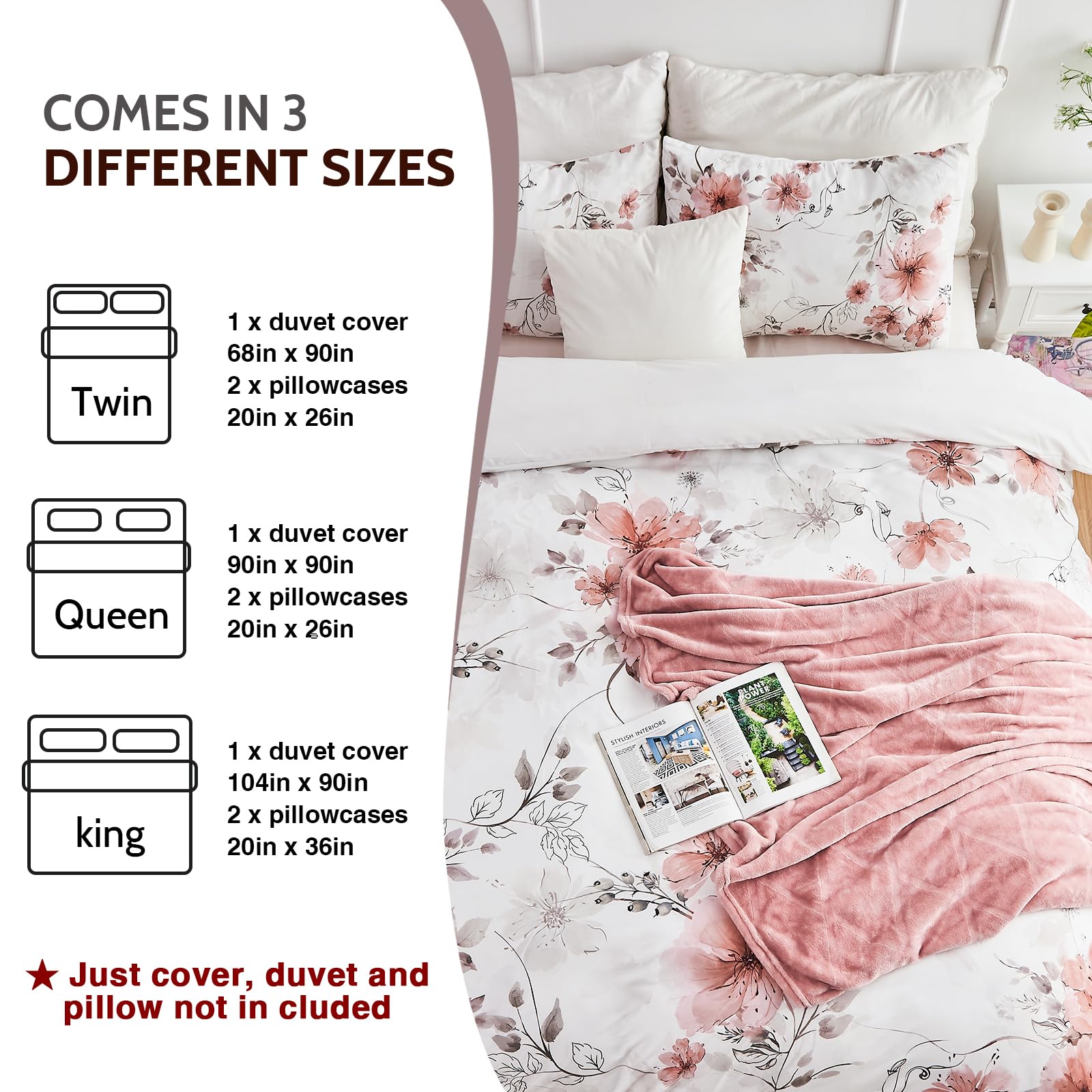 DESIHOM Pink Floral Duvet Cover King Size Cute Coquette Flower Duvet Covers Set 3 Pieces for Kids with Zipper Closure, Aesthetic Breathable King Comforter Quilt Cover Microfiber Bedding Set