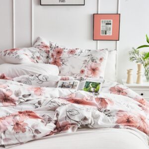 DESIHOM Pink Floral Duvet Cover King Size Cute Coquette Flower Duvet Covers Set 3 Pieces for Kids with Zipper Closure, Aesthetic Breathable King Comforter Quilt Cover Microfiber Bedding Set