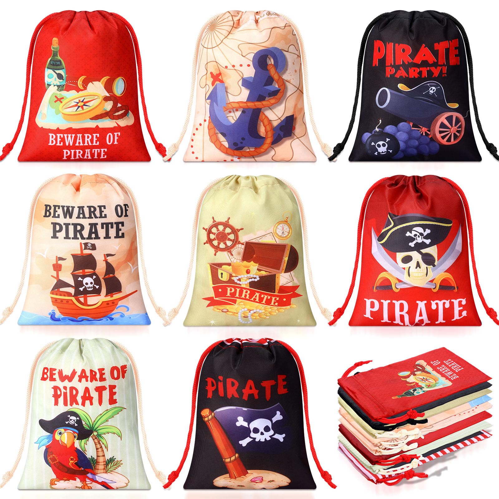 Cunno 24 Pcs Pirate Gift Bags Nautical Drawstring Bags Nautical Candy Bags Pirate Skull Polyester Favor Bags Adventure Ocean Treat Bags for Boys Kids Halloween Pirate Ship Cosplay Party Favors Supply