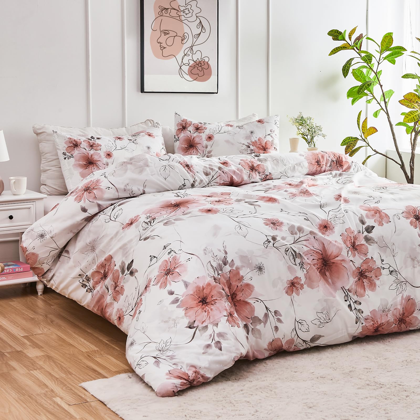 DESIHOM Pink Floral Duvet Cover King Size Cute Coquette Flower Duvet Covers Set 3 Pieces for Kids with Zipper Closure, Aesthetic Breathable King Comforter Quilt Cover Microfiber Bedding Set