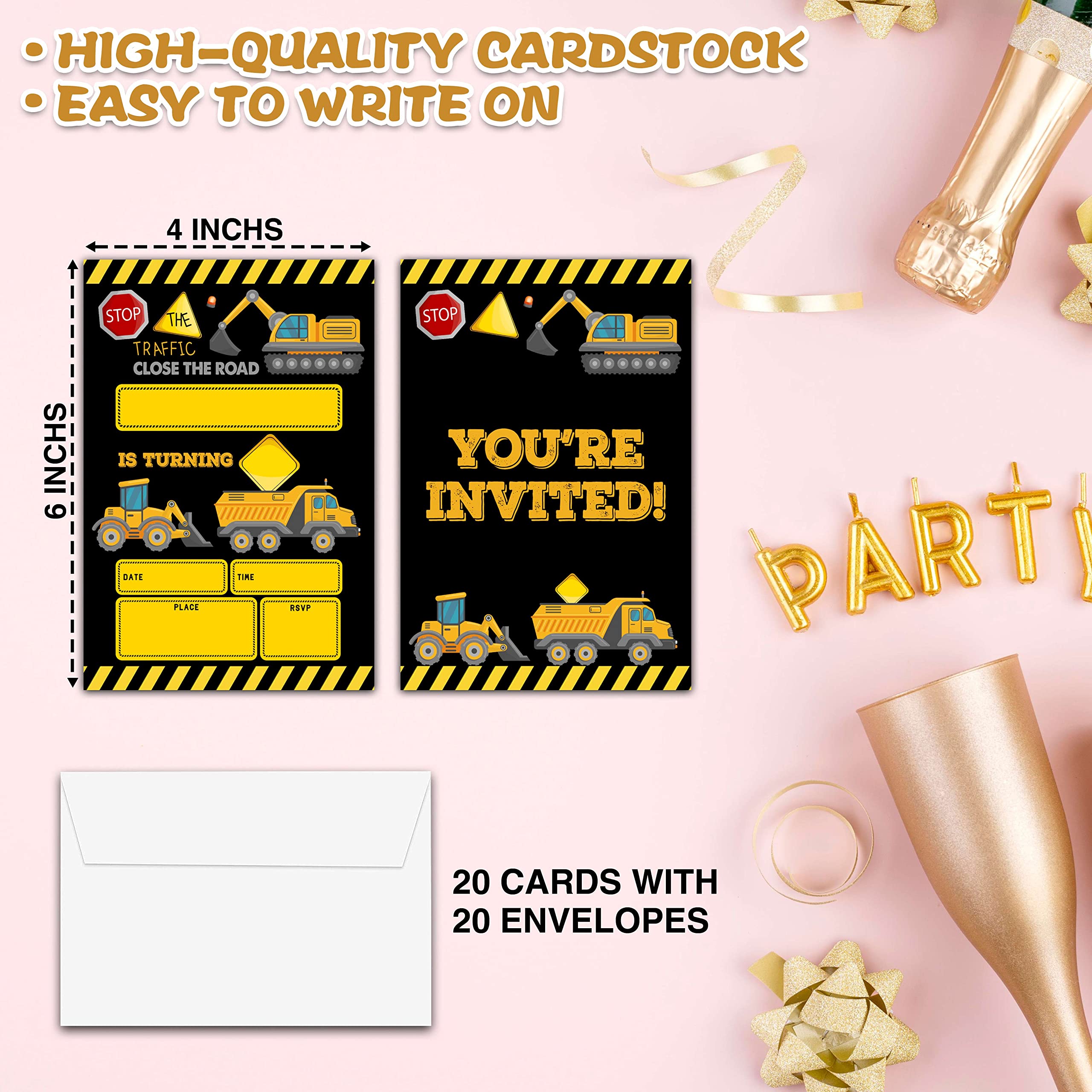 Chuxvon Construction Birthday Party Invitations, Dump Truck Birthday Invitation, Double-Sided Fill In Invites, Birthday Party Decorations, 20 Cards With 20 Envelopes(D04)