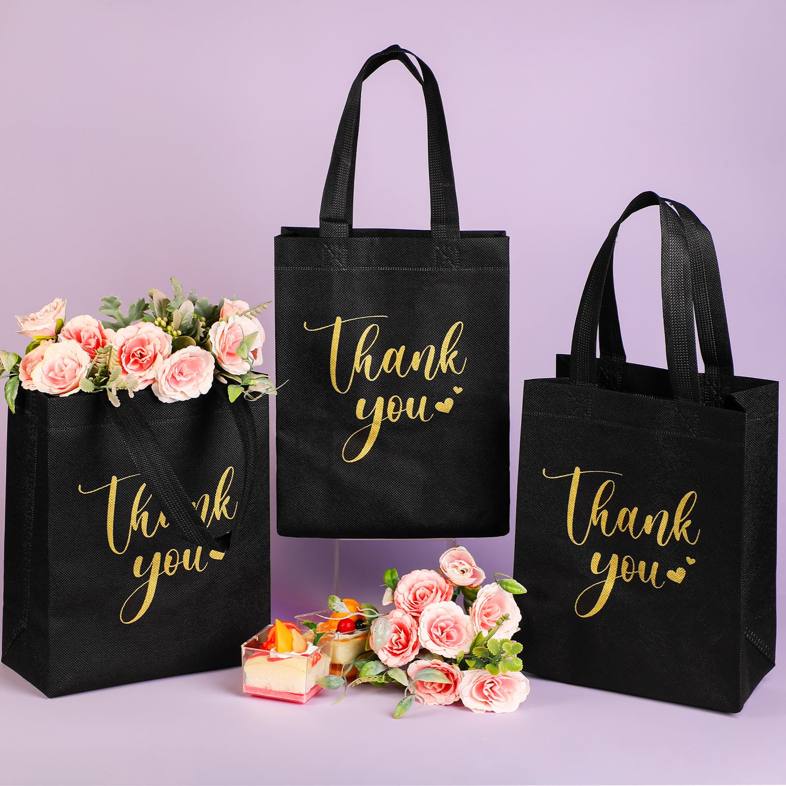 Sweetude 30 Pcs Chrismas Thank You Gift Bags with Handles Bulk Reusable Goodie Bag Non Woven Foldable Bag for Graduation Wedding Bridesmaid Gifts(10 x 8 x 4 Inch,Black)