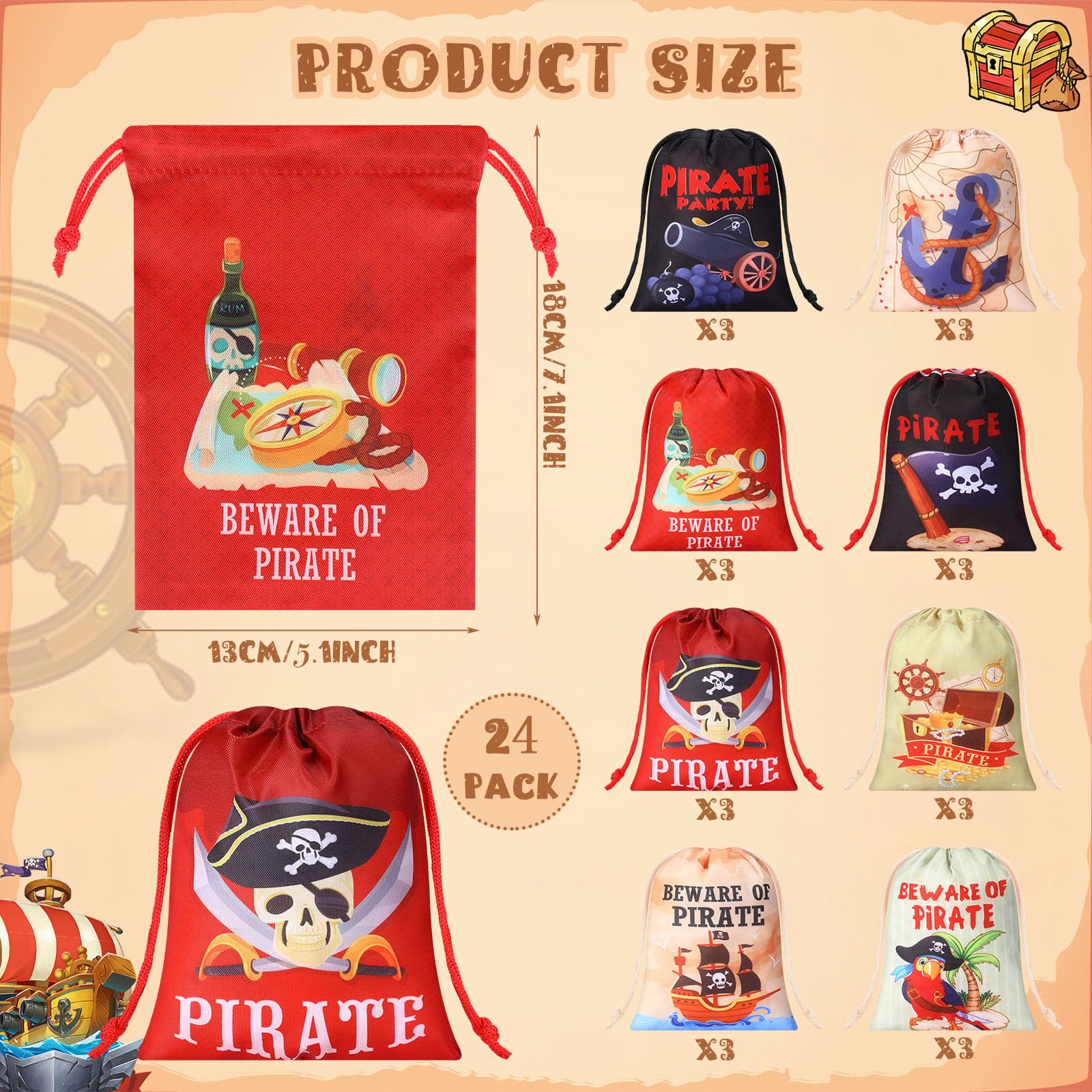 Cunno 24 Pcs Pirate Gift Bags Nautical Drawstring Bags Nautical Candy Bags Pirate Skull Polyester Favor Bags Adventure Ocean Treat Bags for Boys Kids Halloween Pirate Ship Cosplay Party Favors Supply