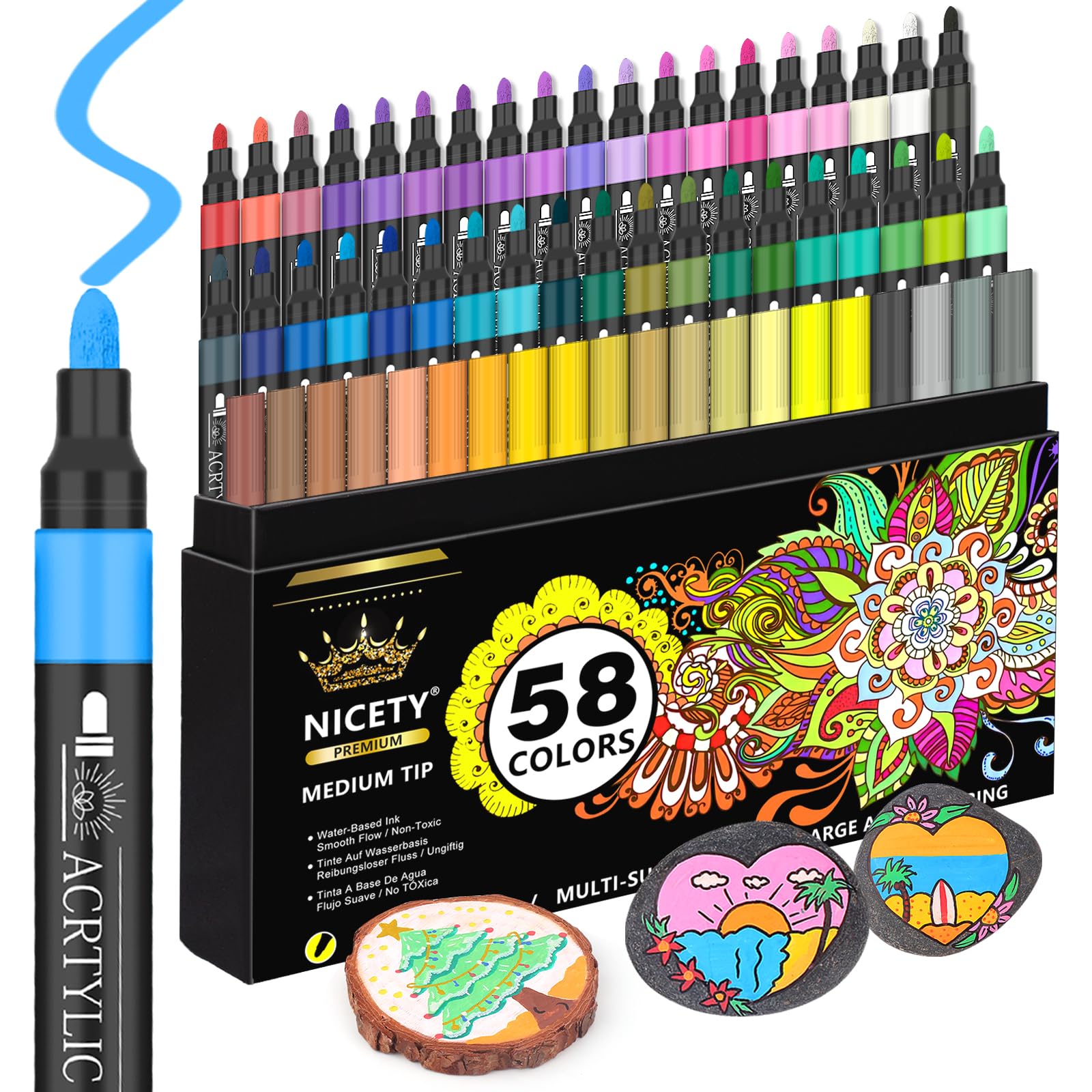 NICETY 58 Colors Acrylic Paint Pens Paint Markers, 3mm Medium Tip Point Acrylic Paint Pens for Rock Painting, Canvas, Wood, Ceramic, Glass, Stone, Fabric, DIY Crafts & Art Supplies