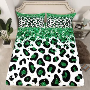 Feelyou Leopard Bed Sheet Set Cheetah Bedding Set Glitter Pattern Fitted Sheet Green Pastel Flat Sheet for Kids Boys Girls Adults (No Glitter) 4Pcs with 2 Pillow Case Full Size