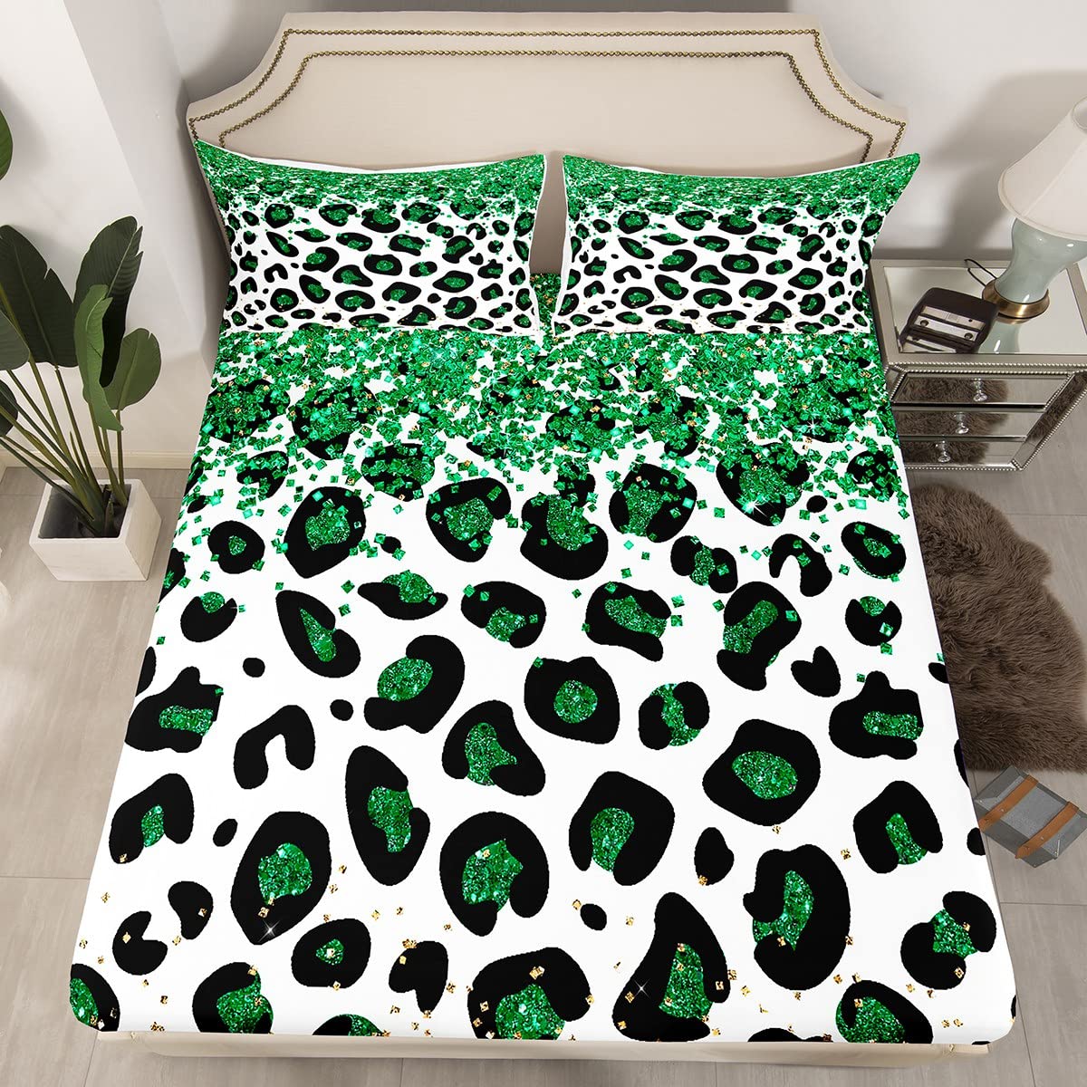 Feelyou Leopard Bed Sheet Set Cheetah Bedding Set Glitter Pattern Fitted Sheet Green Pastel Flat Sheet for Kids Boys Girls Adults (No Glitter) 4Pcs with 2 Pillow Case Full Size