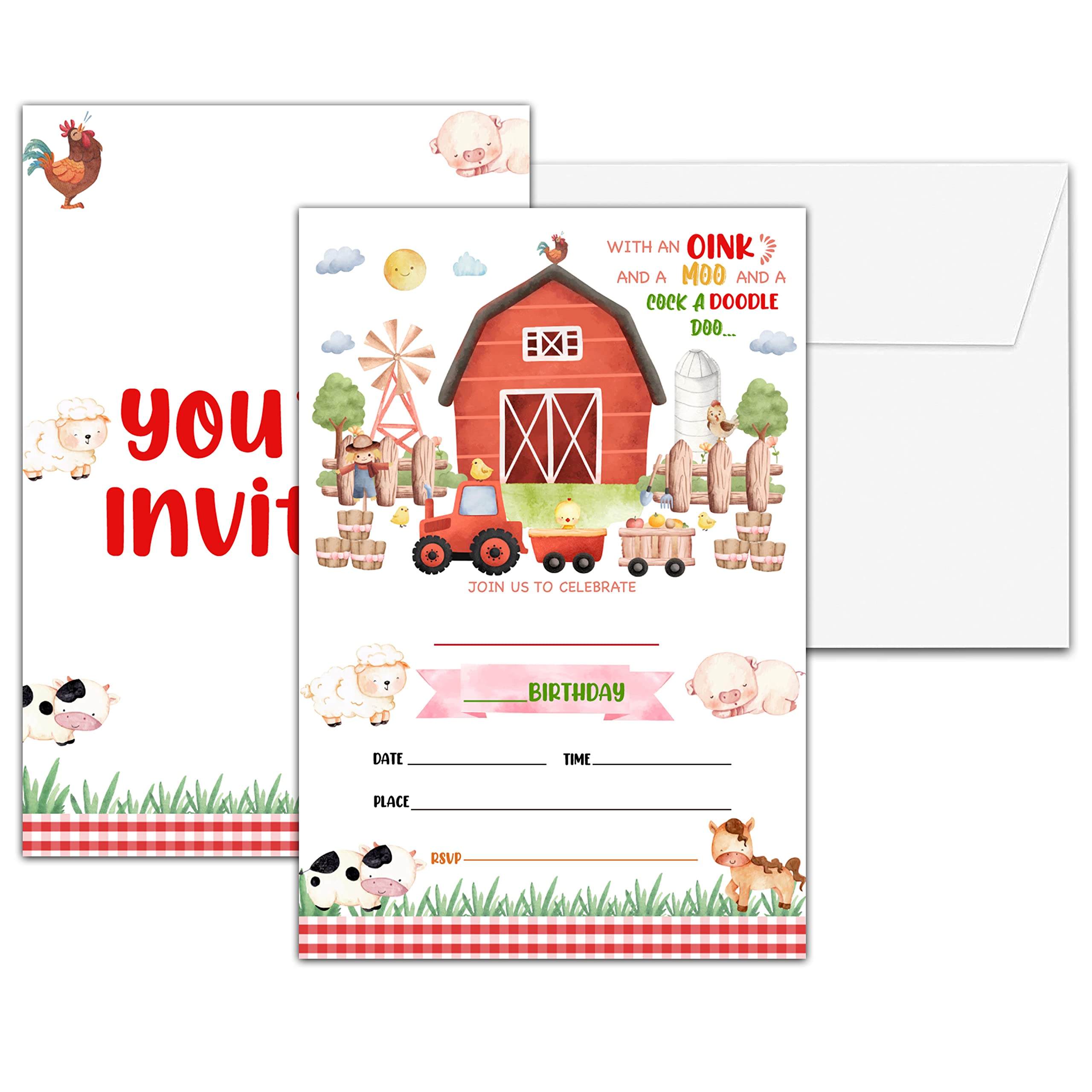 Chuxvon Farm Birthday Party Invitations, Barn Animals Birthday Invitation, Double-Sided Fill In Invites, Barnyard Birthday Party Decorations, 20 Cards With 20 Envelopes(D07)