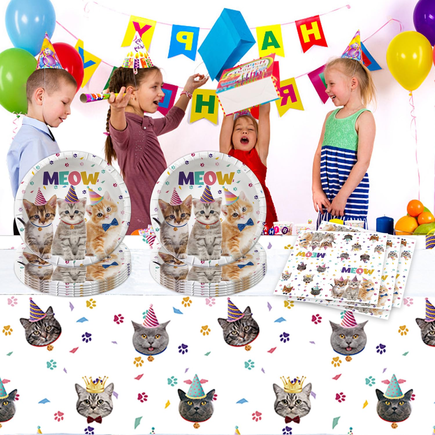 41pcs Cat Party Supplies ,include 20 Plates, 20 Napkin and 1pcs Tablecloth,Used for Birthday Party Decoration (Cat EEE)