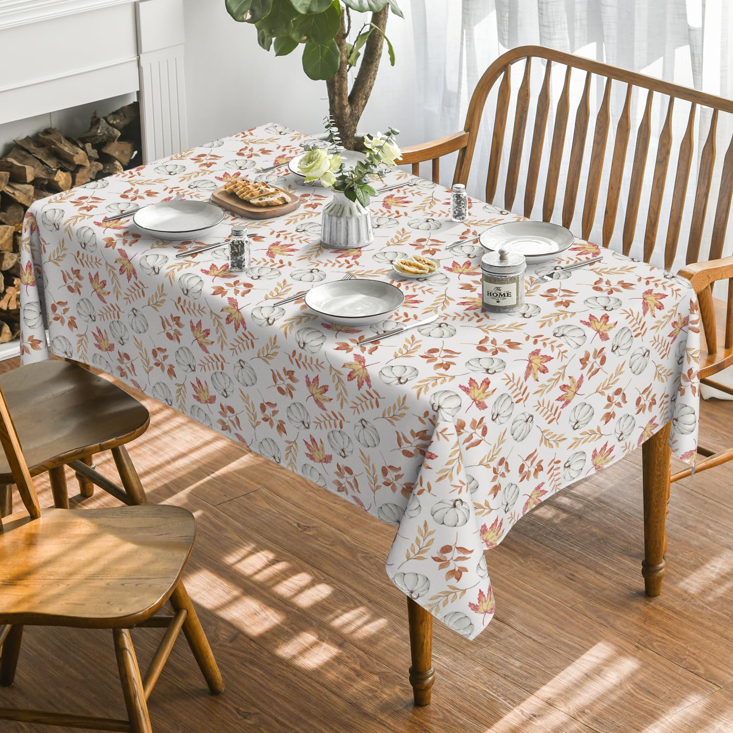 Horaldaily Fall Tablecloth 60x84 Inch, Thanksgiving Autumn Harvest White Pumpkin Orange Leaf Table Cover for Party Picnic Dinner Decor