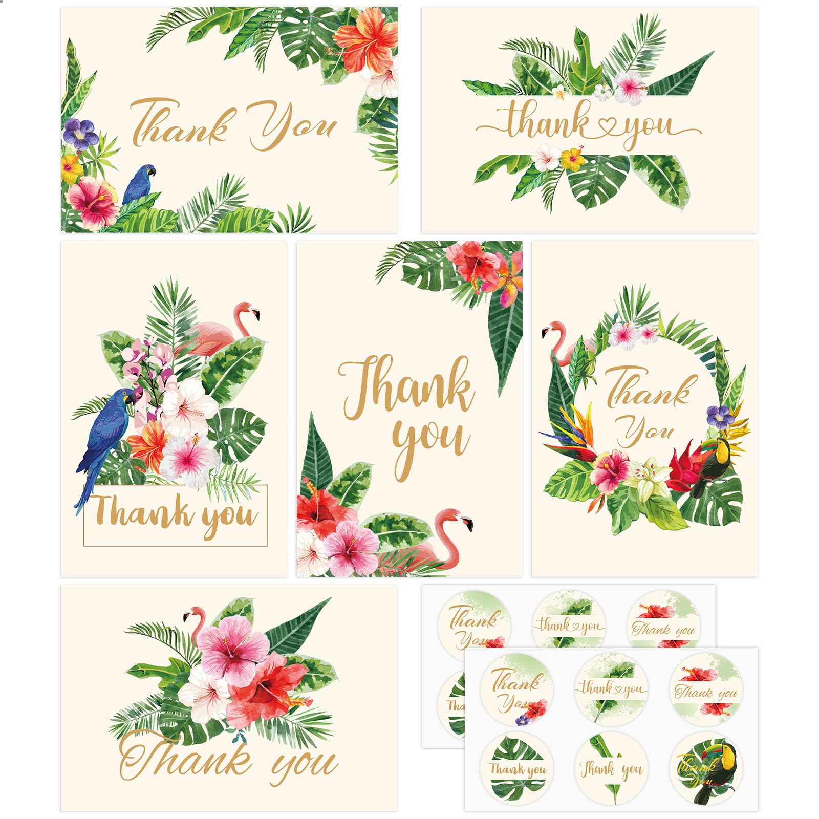 Whaline 36 Pack Tropical Thank You Cards Summer Note Cards with Stickers Envelopes Flamingo Palm Leaves Cards for Holiday Wedding Baby Shower Birthday Bridal Party and All Occasions, 4 x 6 Inch