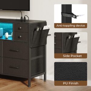 Rolanstar Dresser for Bedroom with LED Lights and Power Outlets, 55" TV Stand with 10 Drawers, Fabric Chest of Drawers with Side Pocket, PU Finish, Sturdy Frame & Wood Top, Black